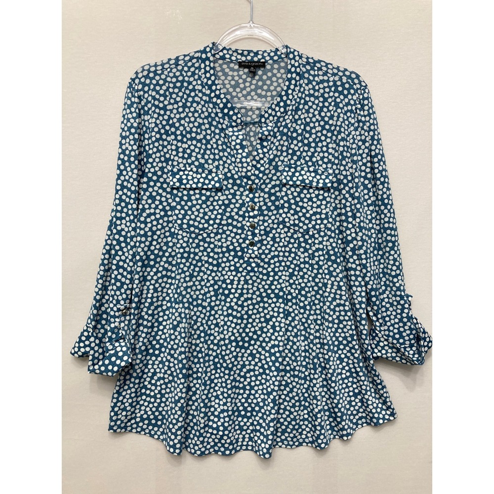 Ava & Grace Tunic XL Blue White Polka Dot Roll Tab Sleeve Henley Preppy Stretch